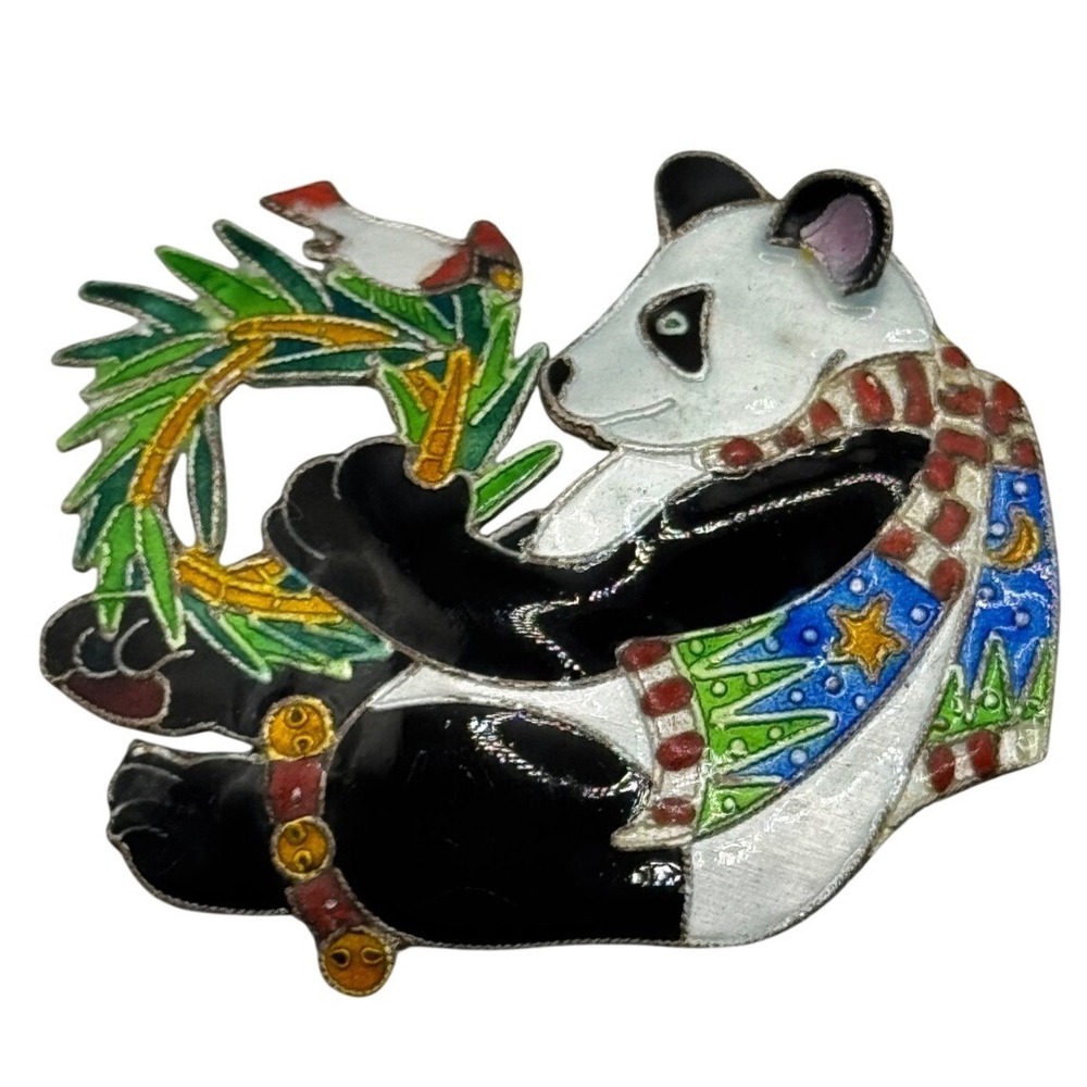 Vintage Sterling Silver Enamel Panda Bear Brooch Pin